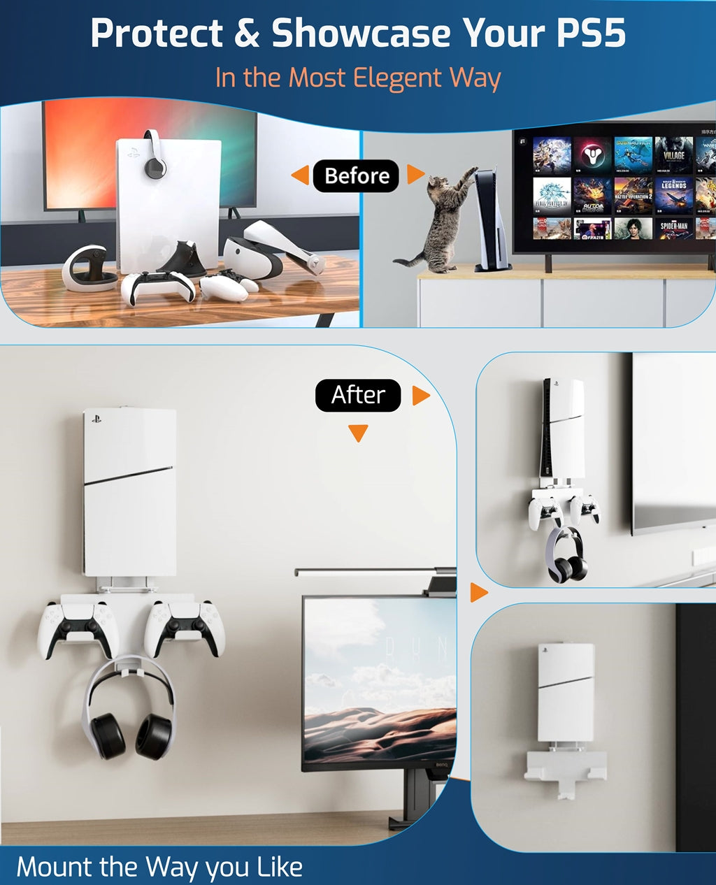 PS5/ PS5 Slim Wall Mount Stand with Controller and Headphone Holders