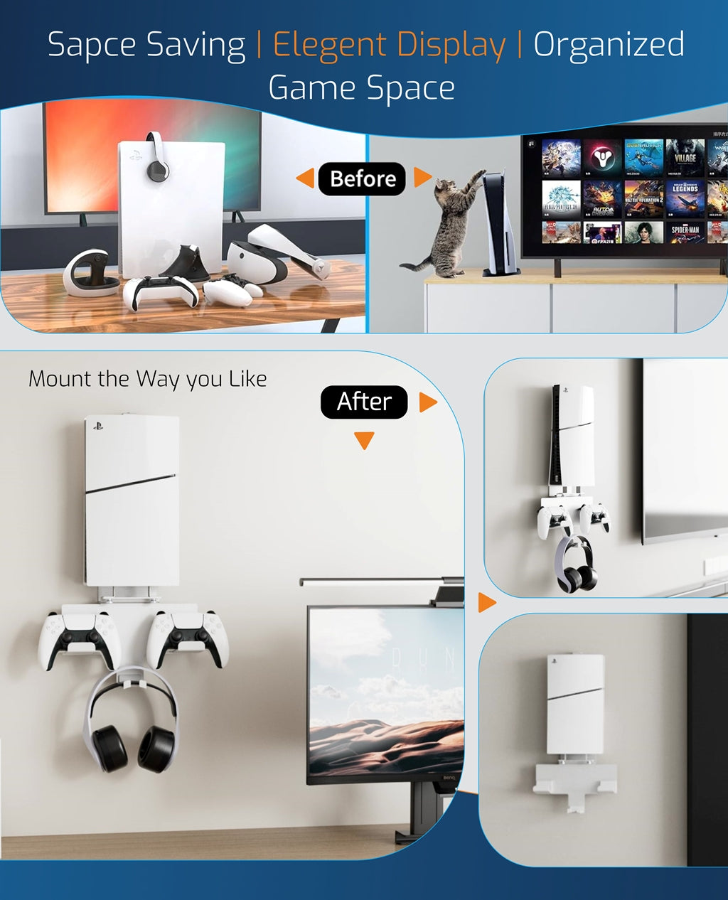 PS5/ PS5 Slim Wall Mount Stand with Controller and Headphone Holders