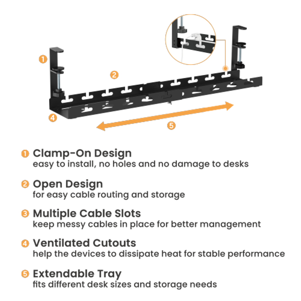 Extendable Clamp-On Under-Desk Cable Management Tray